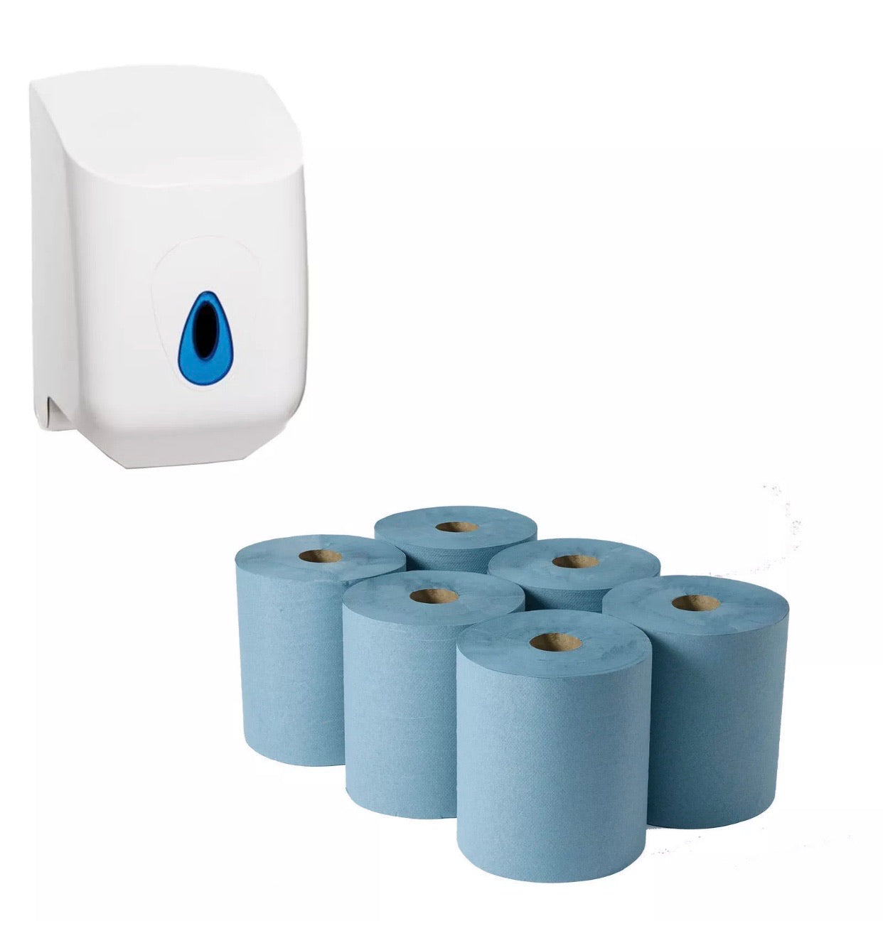 6 Pack Of Blue Roll + Wall Mounted Dispenser